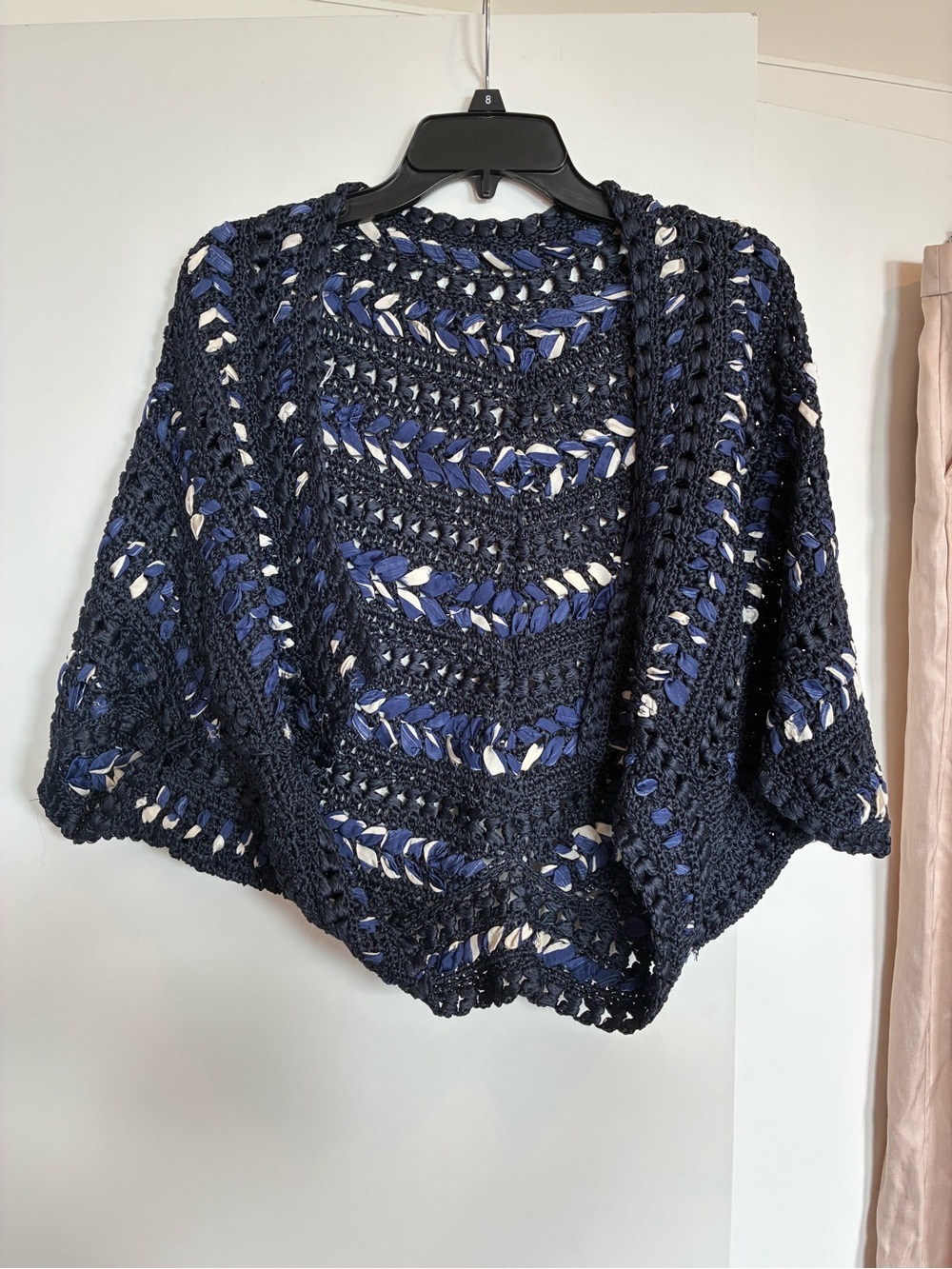 Navy Open-Knit Crochet Women's Sweater with Blue & Cream Accents